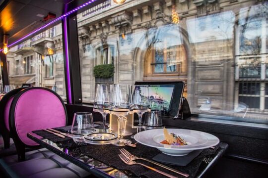 Paris Lunch Bus Toque with glass of champagne on Champs-Elysees