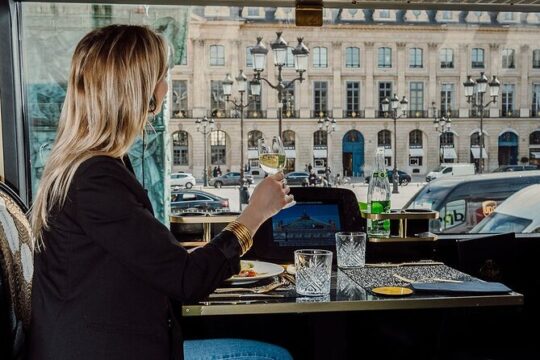 Paris Lunch Bus Toque with Glass of Champagne on Champs-Elysees