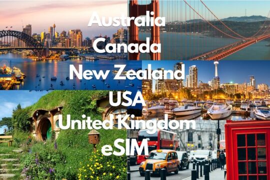 Aust, Canada, NZ, UK, USA Data eSIM : 10GB-15Days to 20GB-30Days